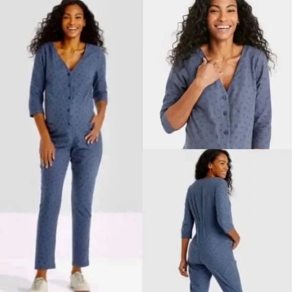 The Nines by HATCH 3/4 Sleeve Button-Front Maternity Jumpsuit Indigo Floral - Picture 2 of 11